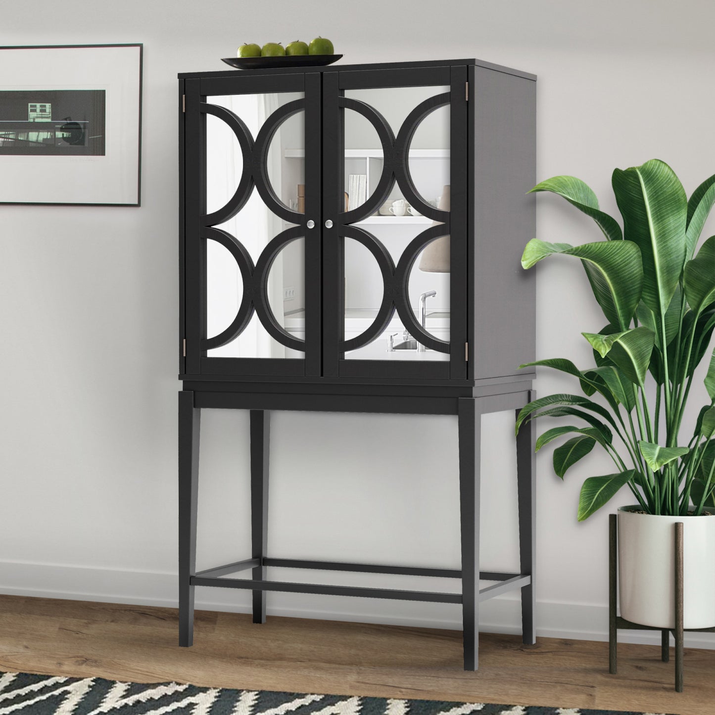 Solid Rubber Wood Wine Cabinet - Double Mirror Door Bar Organizer with Glass Holder - Stylish Sideboard for Dining Room
