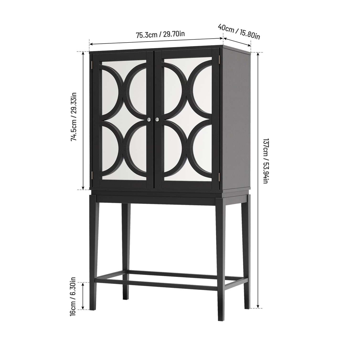 Solid Rubber Wood Wine Cabinet - Double Mirror Door Bar Organizer with Glass Holder - Stylish Sideboard for Dining Room