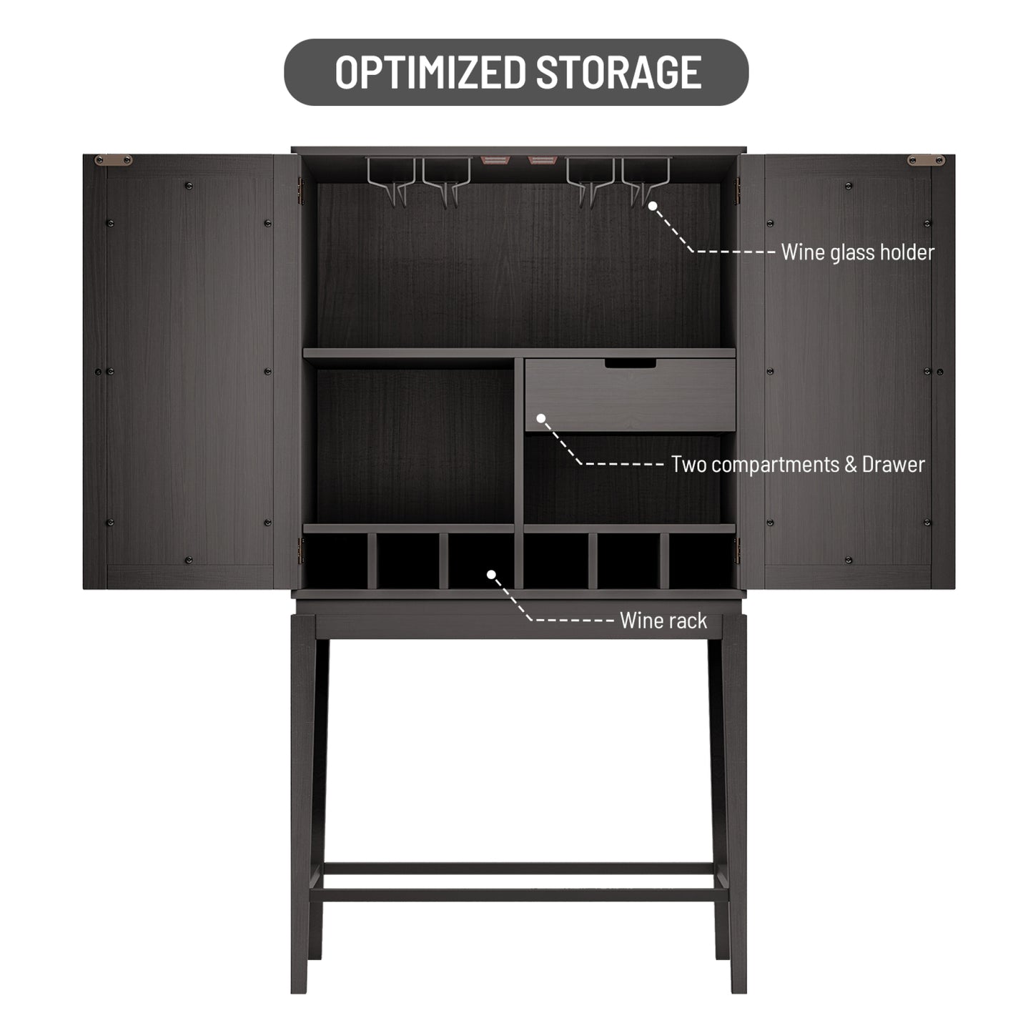 Solid Rubber Wood Wine Cabinet - Double Mirror Door Bar Organizer with Glass Holder - Stylish Sideboard for Dining Room