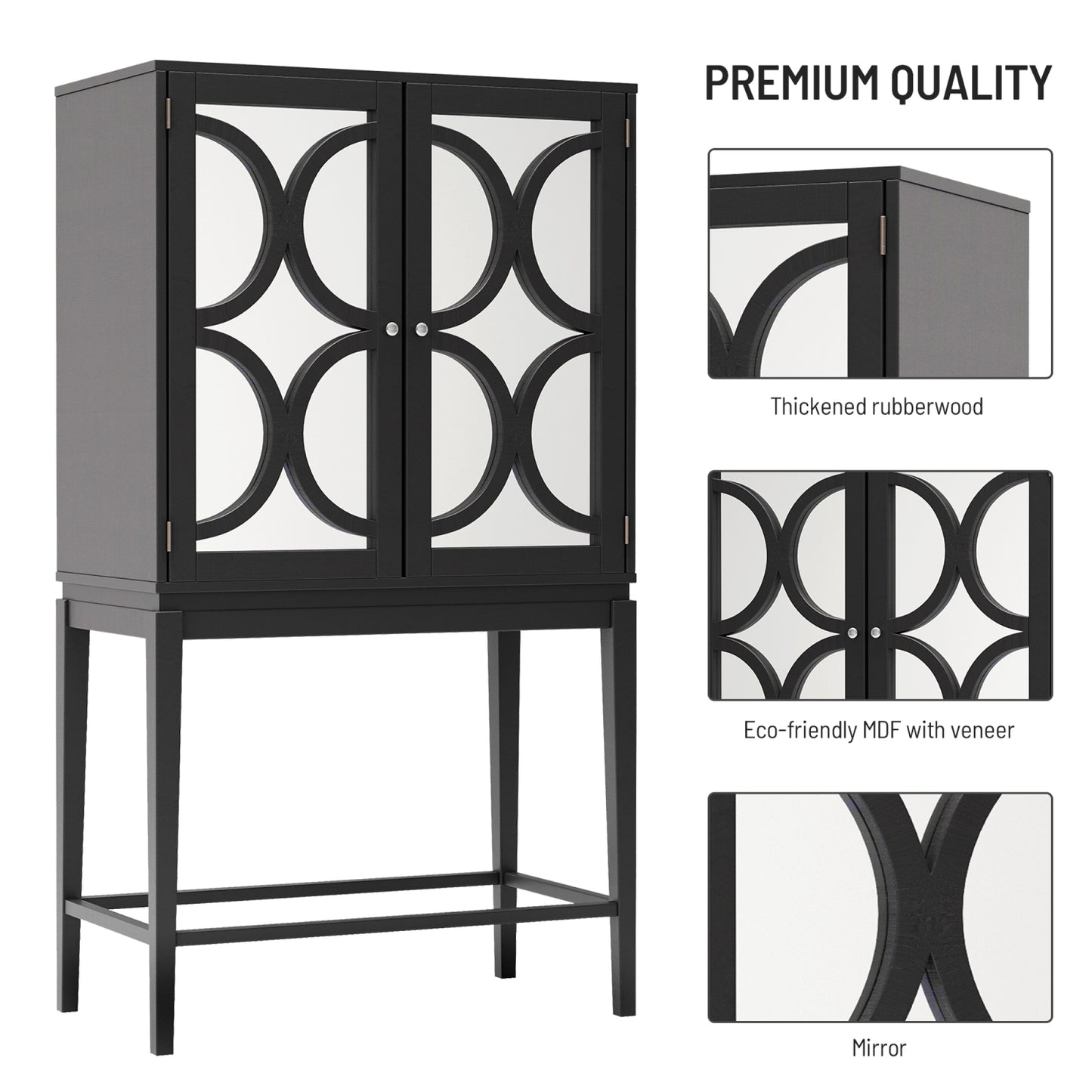 Solid Rubber Wood Wine Cabinet - Double Mirror Door Bar Organizer with Glass Holder - Stylish Sideboard for Dining Room