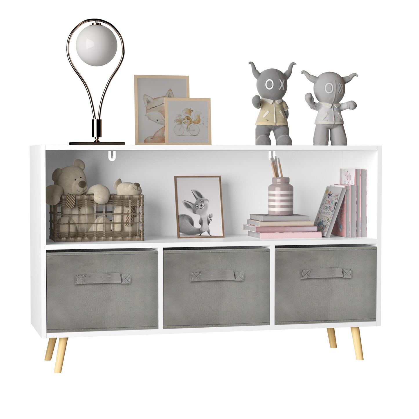 Kids Bookcase with Collapsible Fabric Drawers - Children's Book Display & Toy Storage Organizer, White/Gray, Stylish