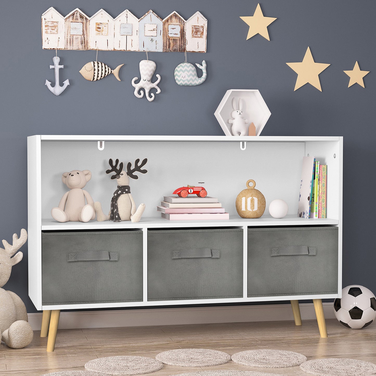 Kids Bookcase with Collapsible Fabric Drawers - Children's Book Display & Toy Storage Organizer, White/Gray, Stylish