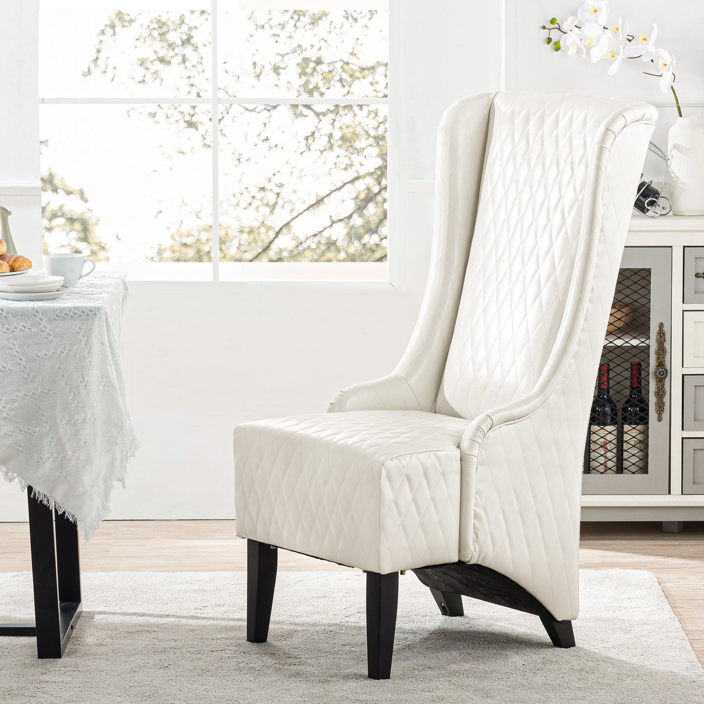 Comfy Wide High-Back Faux Leather Accent Chair, Modern Wingback Chair with Soft Padding & Wooden Legs, White