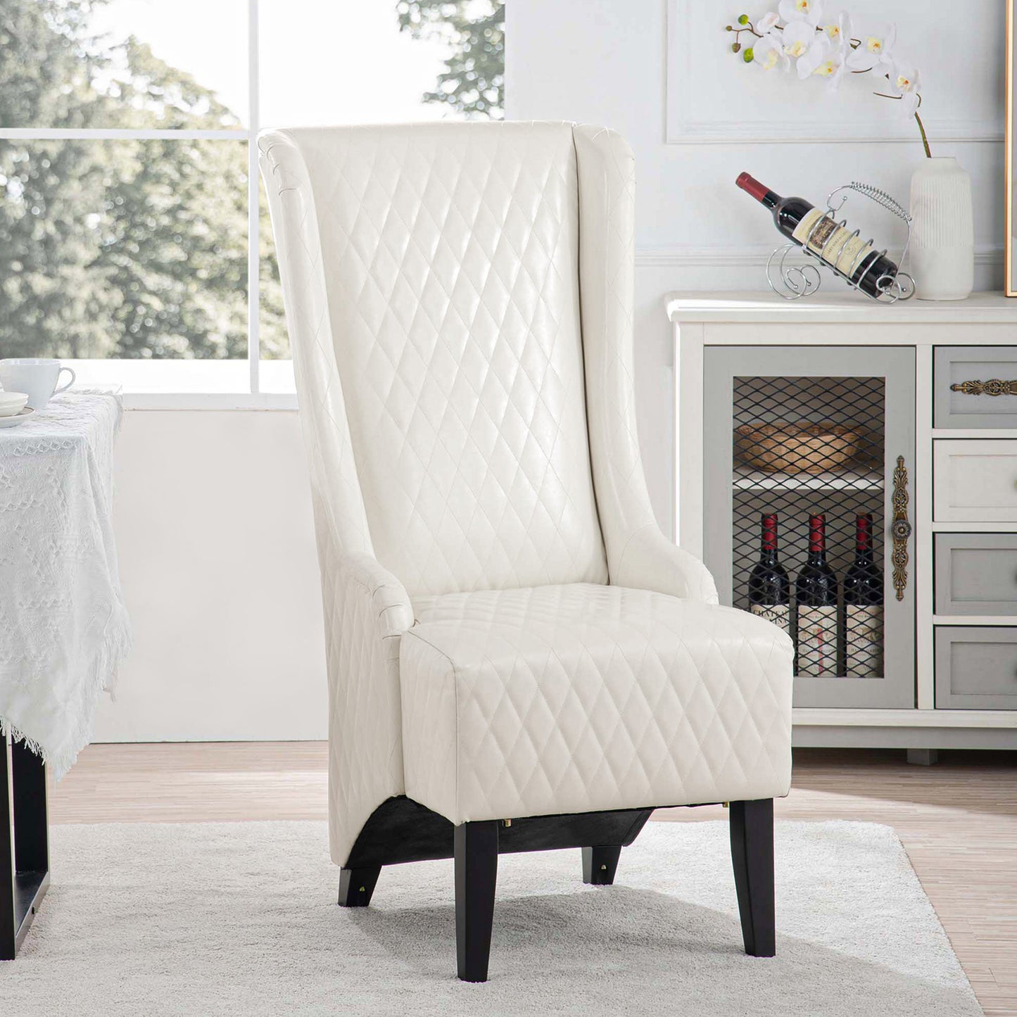 Comfy Wide High-Back Faux Leather Accent Chair, Modern Wingback Chair with Soft Padding & Wooden Legs, White