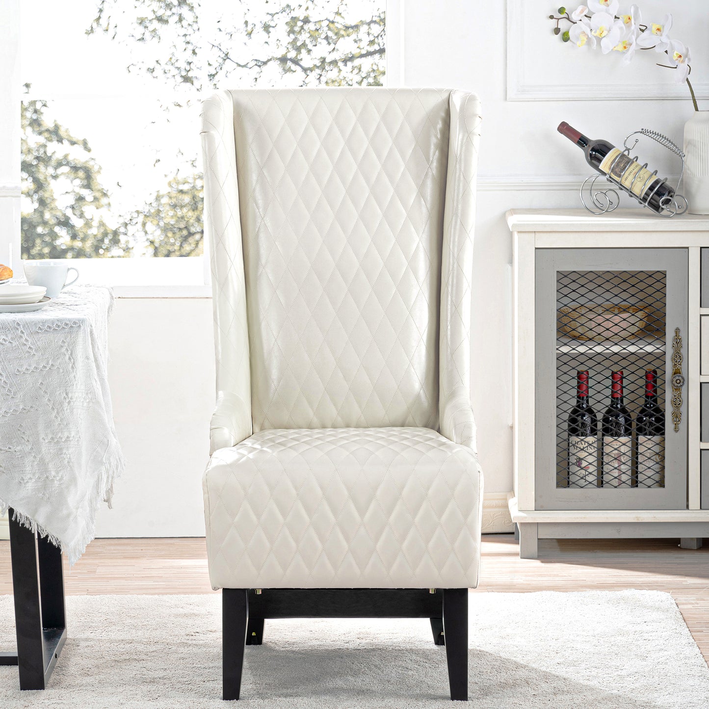 Comfy Wide High-Back Faux Leather Accent Chair, Modern Wingback Chair with Soft Padding & Wooden Legs, White