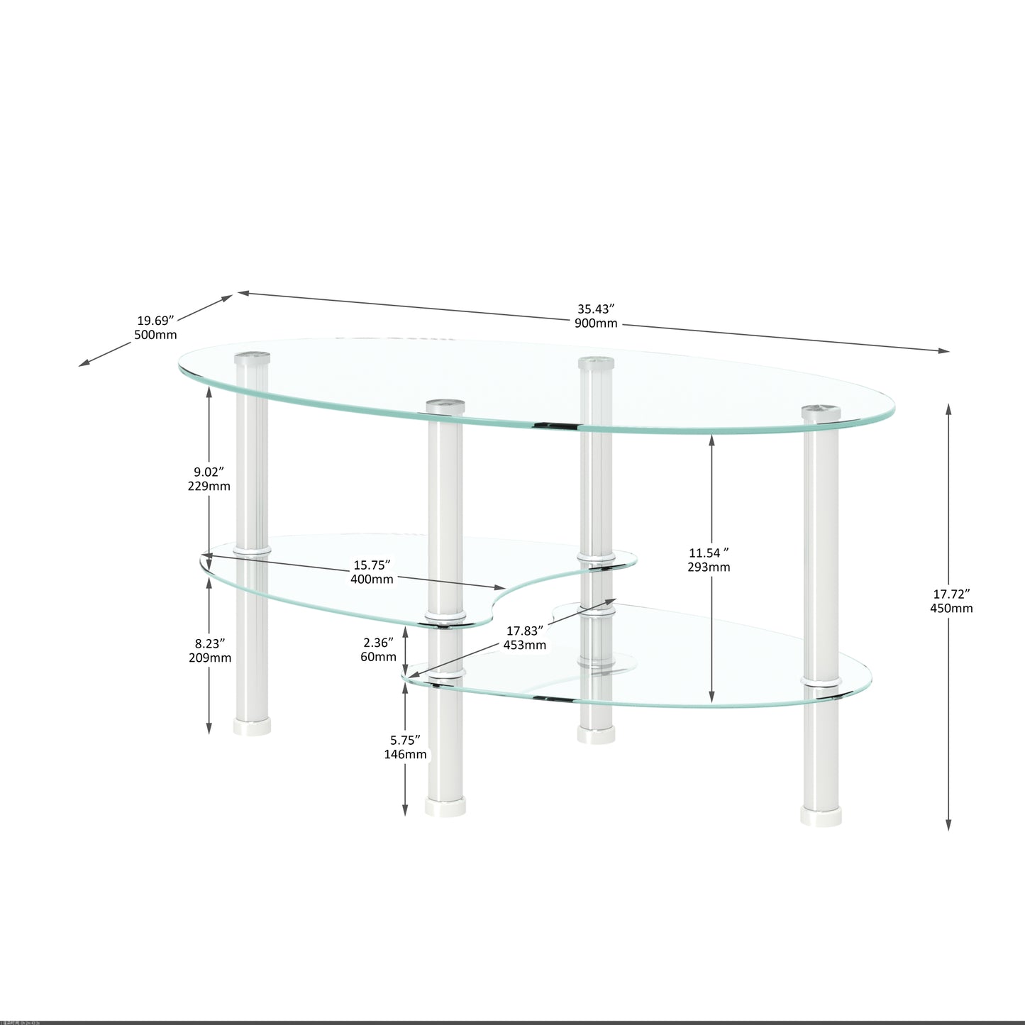 Transparent Oval Glass Coffee Table with Stainless Steel Legs - Modern 3-Layer Tea Table for Living Room Elegance