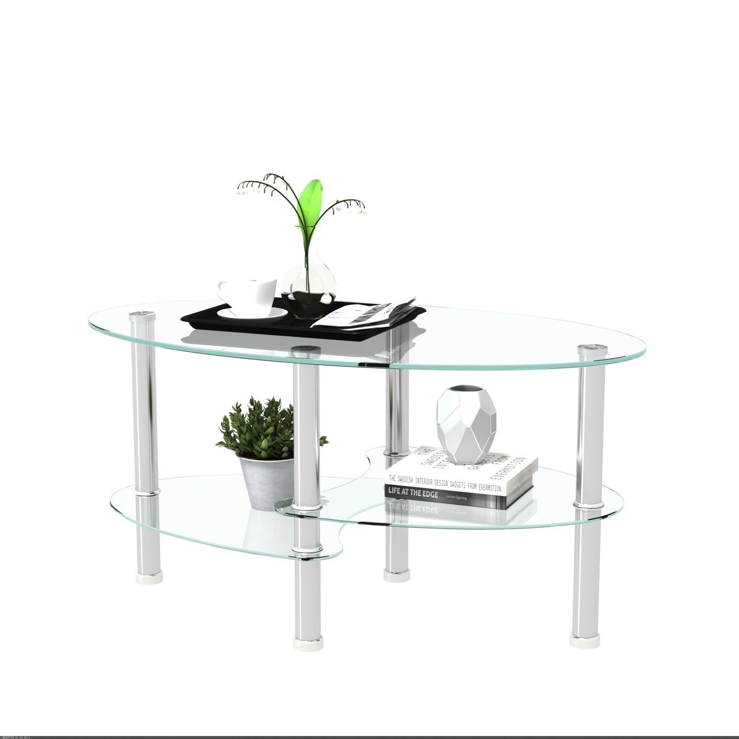 Transparent Oval Glass Coffee Table with Stainless Steel Legs - Modern 3-Layer Tea Table for Living Room Elegance