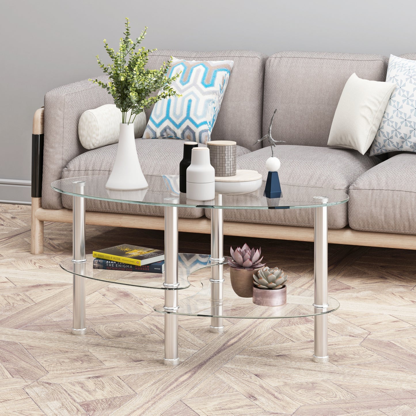 Transparent Oval Glass Coffee Table with Stainless Steel Legs - Modern 3-Layer Tea Table for Living Room Elegance