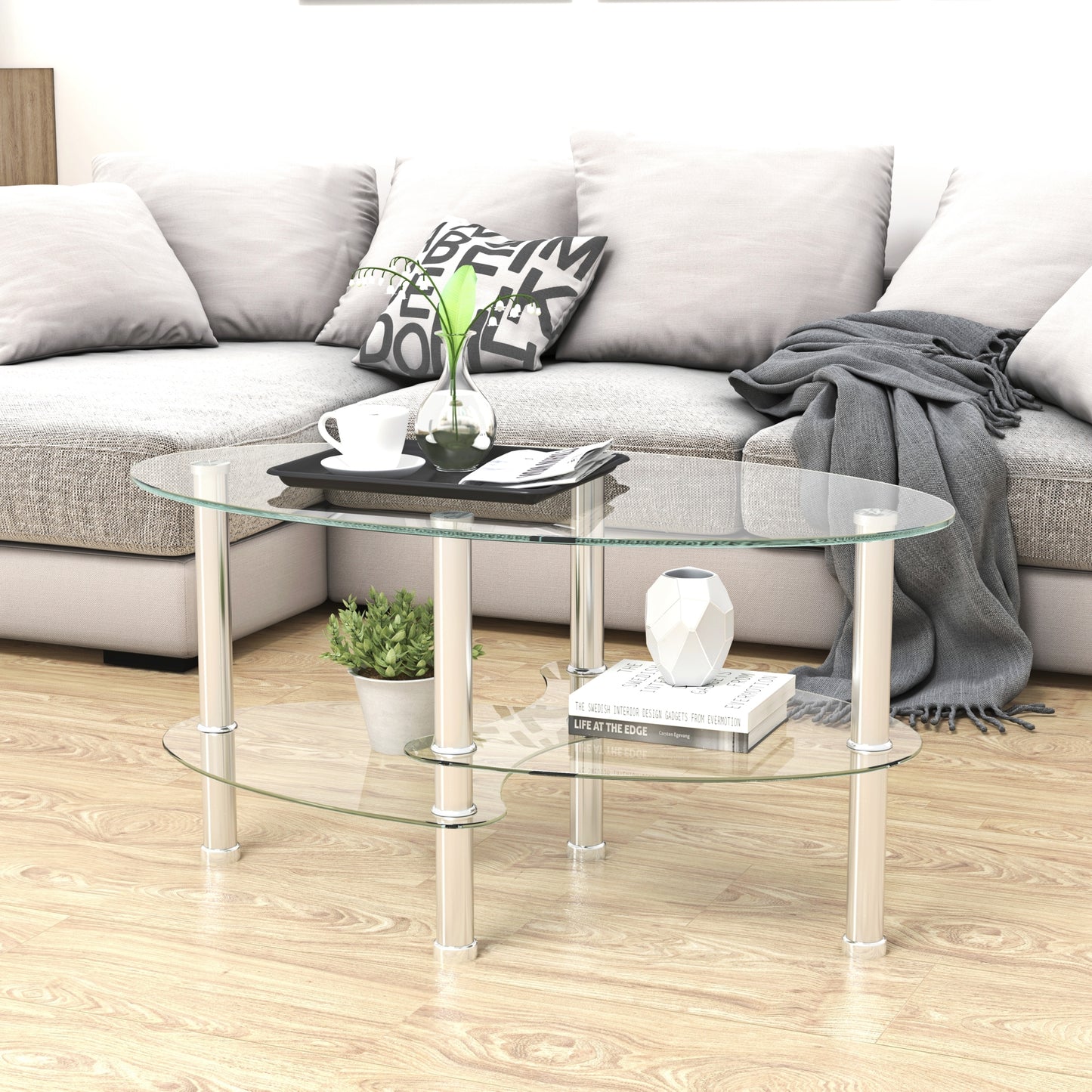 Transparent Oval Glass Coffee Table with Stainless Steel Legs - Modern 3-Layer Tea Table for Living Room Elegance