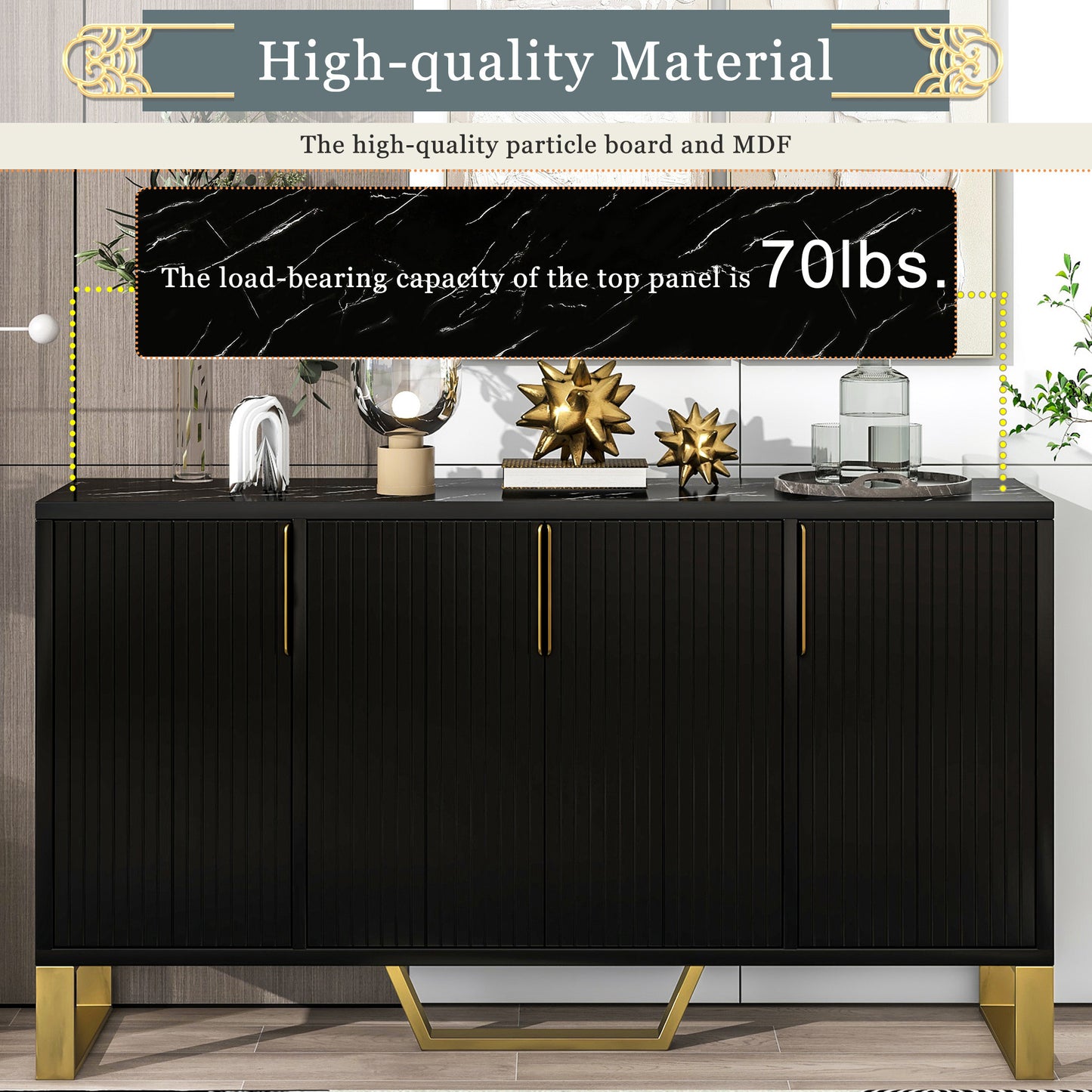 Modern Sideboard with 4 Doors, Metal Handles & Legs, Adjustable Shelves - Stylish Black Kitchen Cabinet Storage Solution