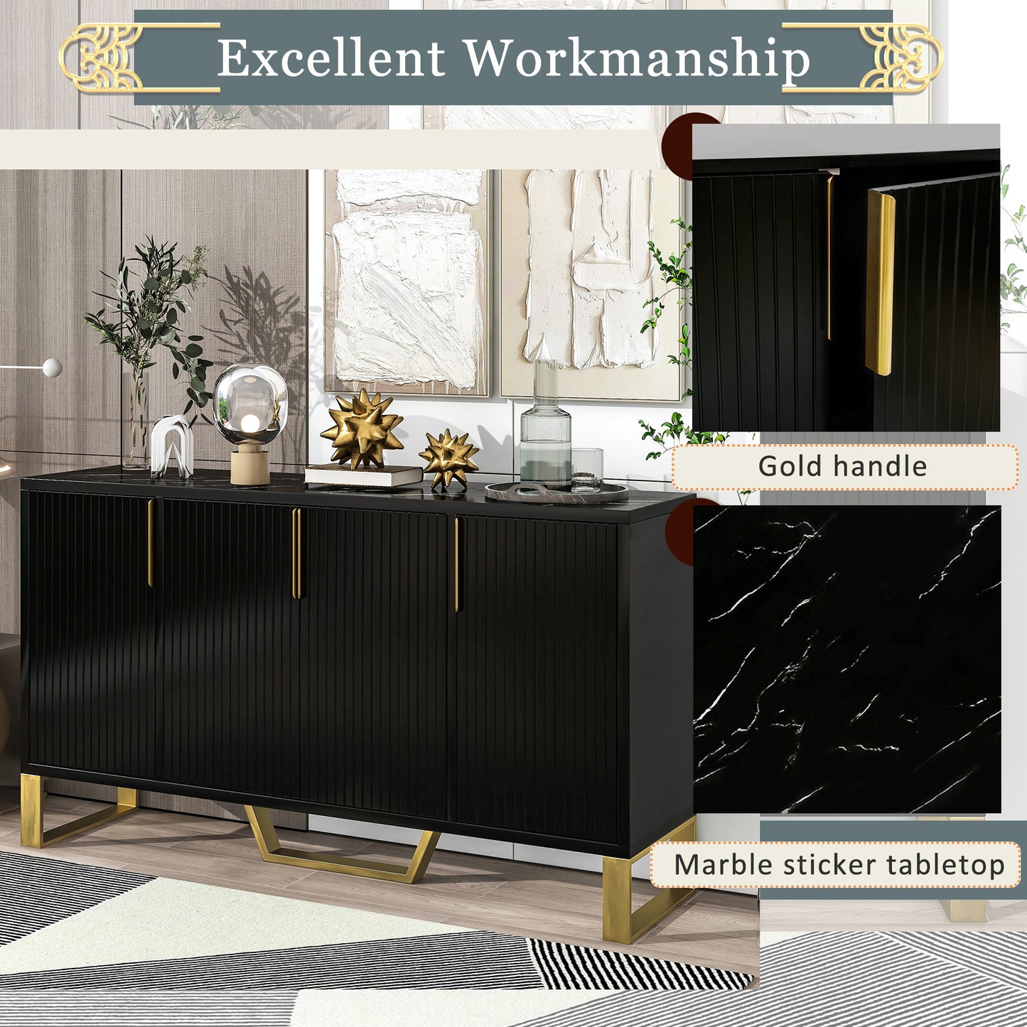 Modern Sideboard with 4 Doors, Metal Handles & Legs, Adjustable Shelves - Stylish Black Kitchen Cabinet Storage Solution