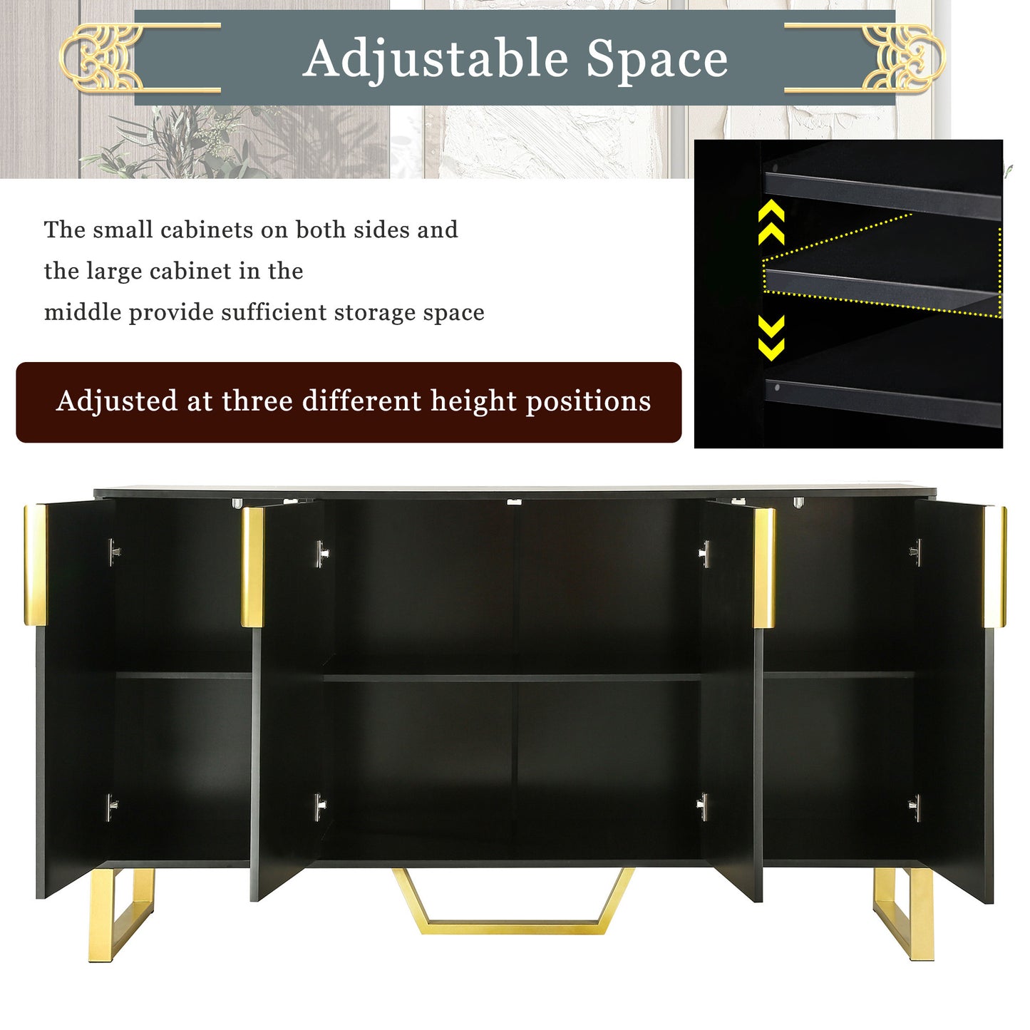 Modern Sideboard with 4 Doors, Metal Handles & Legs, Adjustable Shelves - Stylish Black Kitchen Cabinet Storage Solution