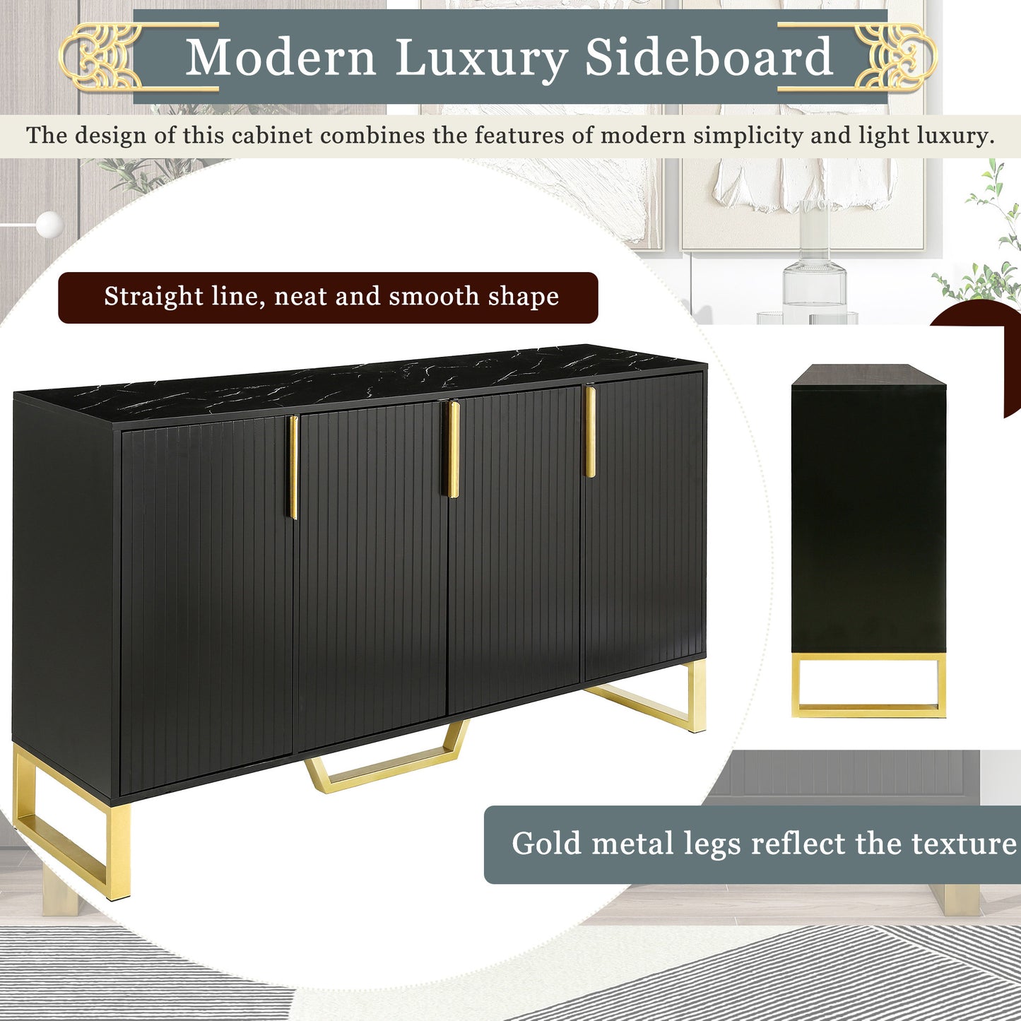 Modern Sideboard with 4 Doors, Metal Handles & Legs, Adjustable Shelves - Stylish Black Kitchen Cabinet Storage Solution