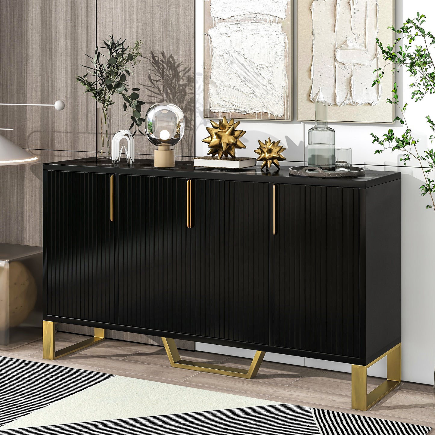 Modern Sideboard with 4 Doors, Metal Handles & Legs, Adjustable Shelves - Stylish Black Kitchen Cabinet Storage Solution