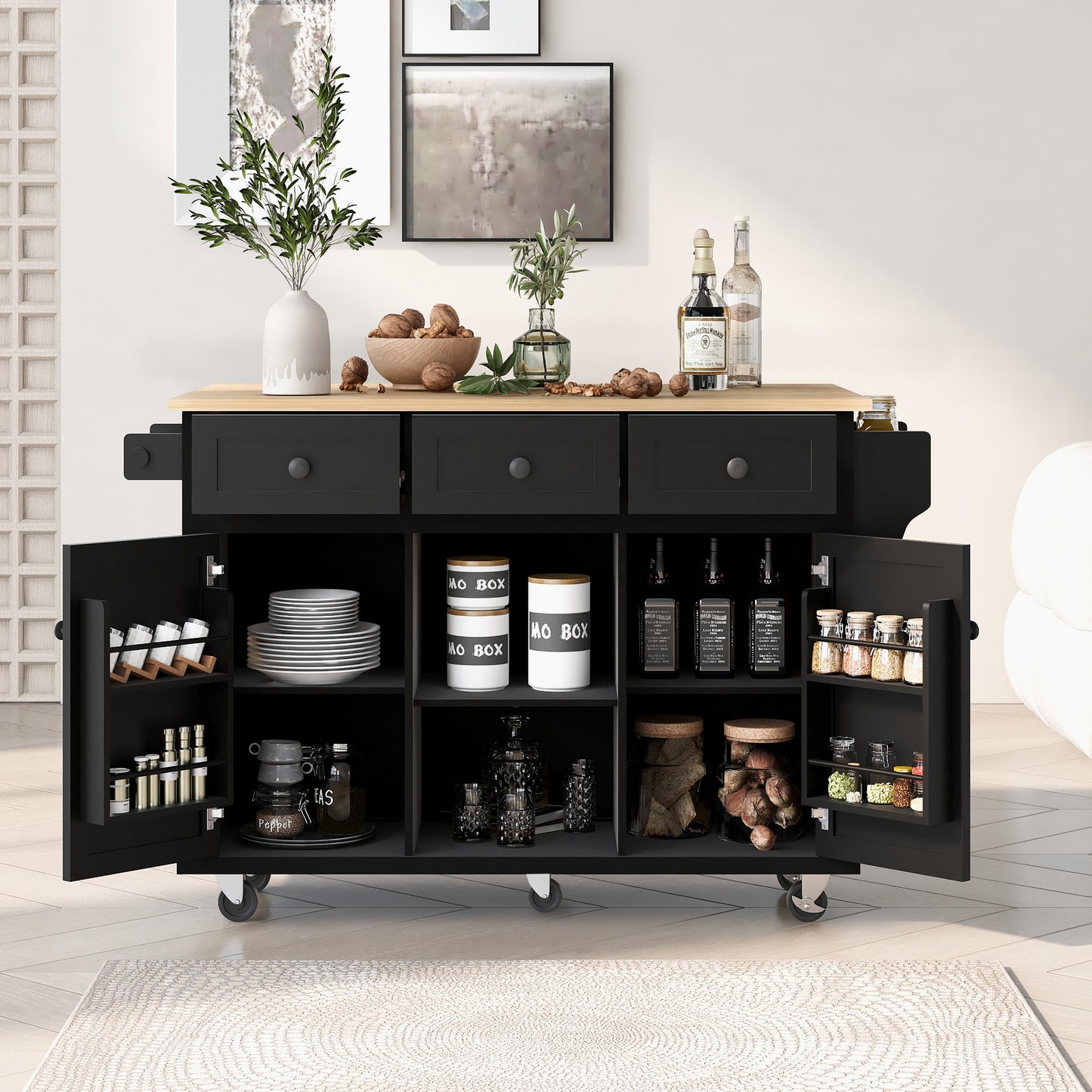 Black Kitchen Island Cart with Rubberwood Drop-Leaf Top Storage Cabinet and 3 Drawers on Wheels