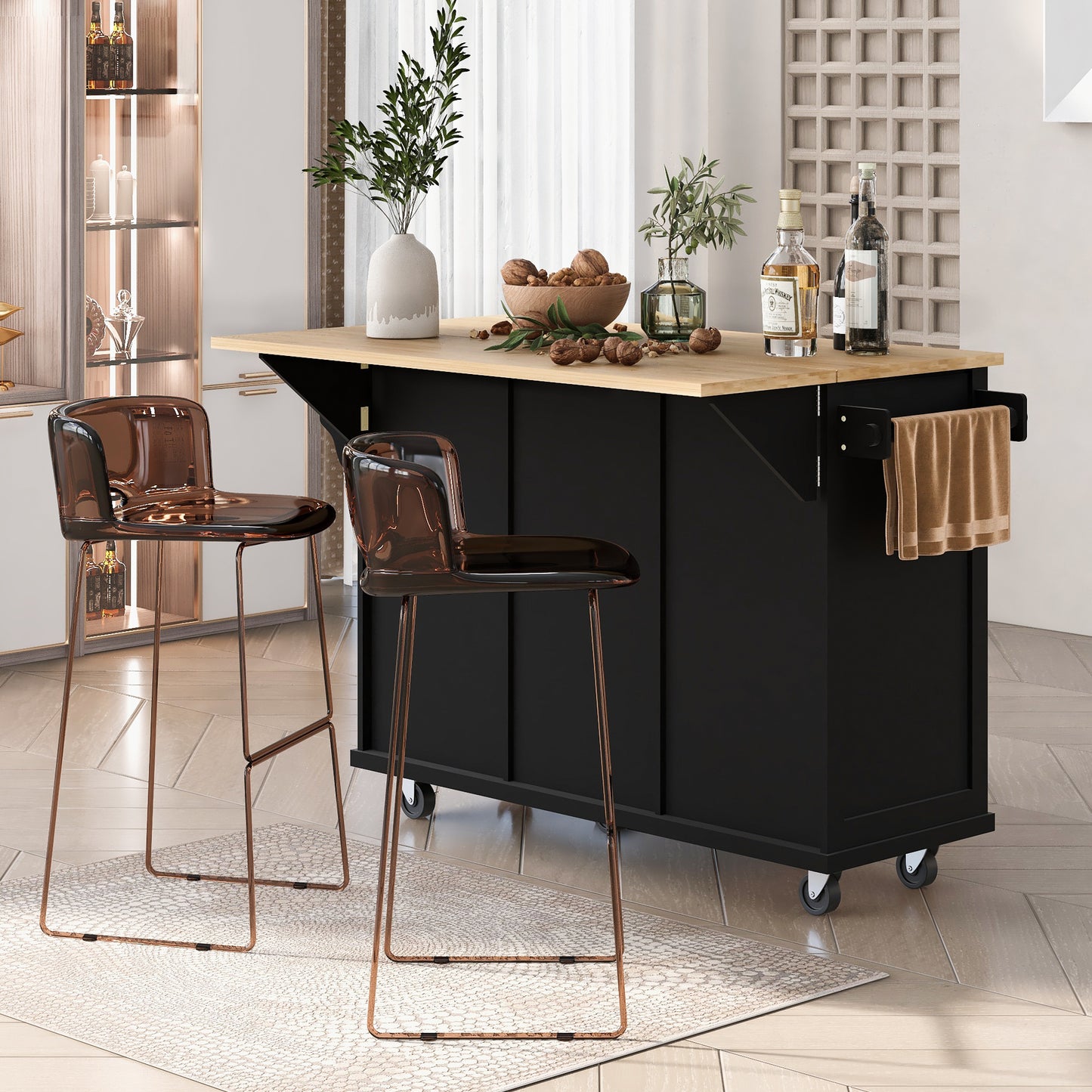 Black Kitchen Island Cart with Rubberwood Drop-Leaf Top Storage Cabinet and 3 Drawers on Wheels