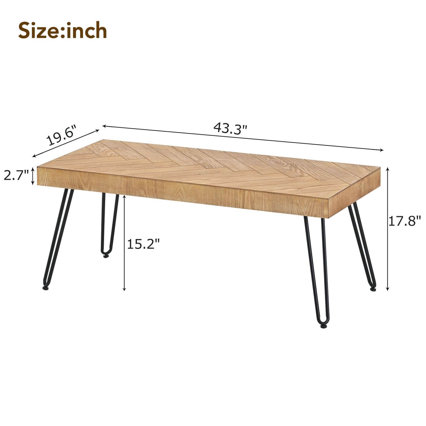 Modern Coffee Table with Chevron Pattern, Easy Assembly Tea Table, Thick Cocktail Table with Metal Hairpin Legs for Living Room
