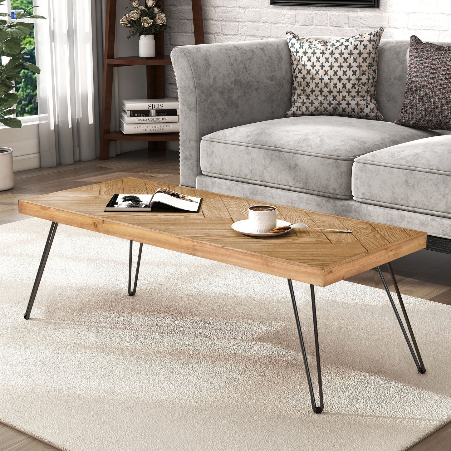 Modern Coffee Table with Chevron Pattern & Metal Hairpin Legs - Easy Assembly Tea/Cocktail Table for Living Room, Ash Wood Finish