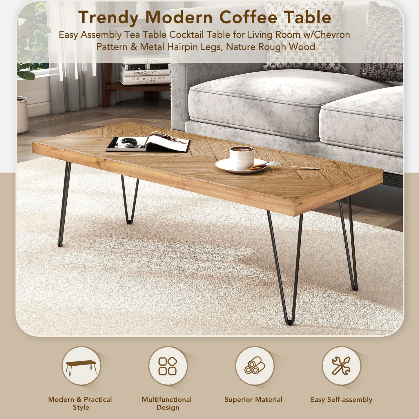 Modern Coffee Table with Chevron Pattern & Metal Hairpin Legs - Easy Assembly Tea/Cocktail Table for Living Room, Ash Wood Finish