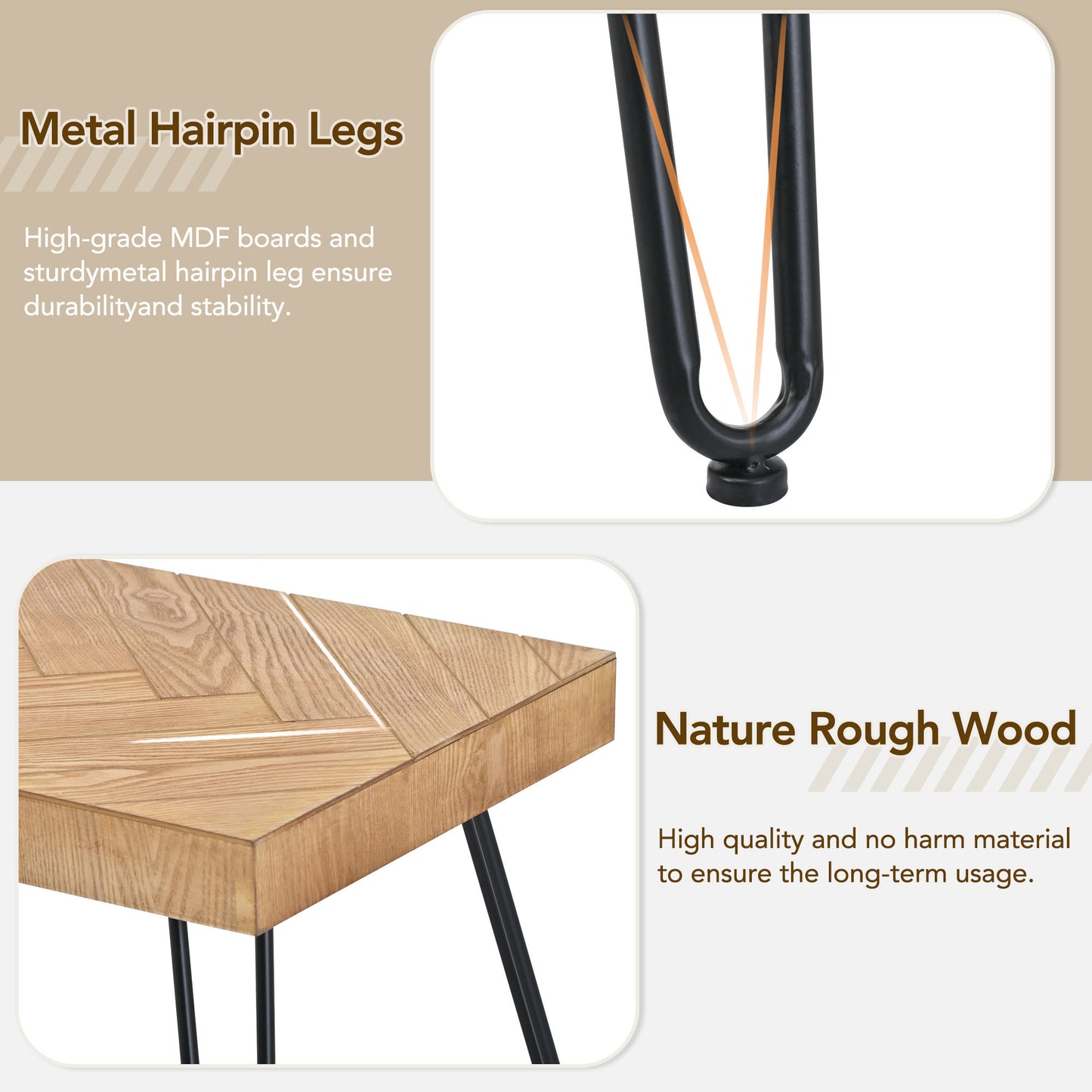 Modern Coffee Table with Chevron Pattern, Easy Assembly Tea Table, Thick Cocktail Table with Metal Hairpin Legs for Living Room