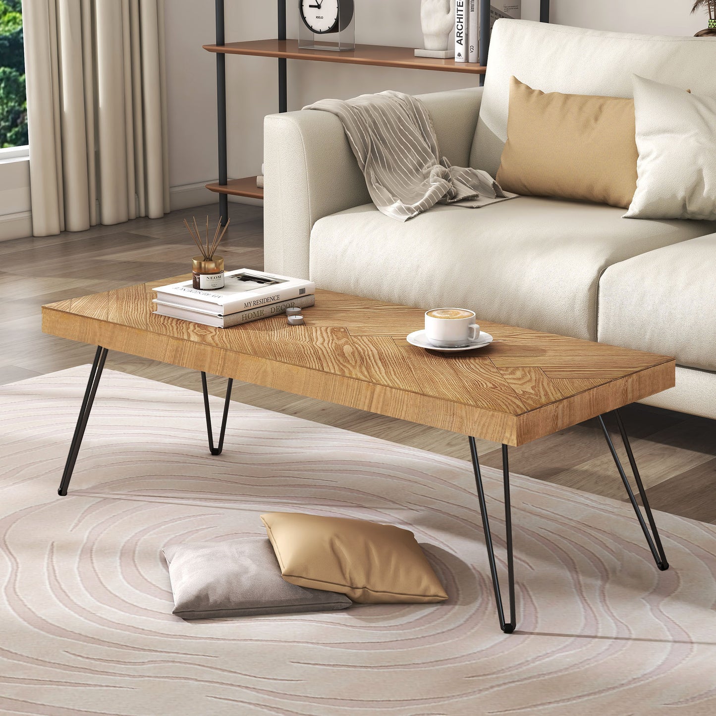 Modern Coffee Table with Chevron Pattern, Easy Assembly Tea Table, Thick Cocktail Table with Metal Hairpin Legs for Living Room