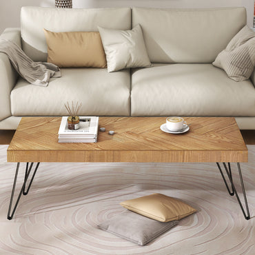 Modern Coffee Table with Chevron Pattern, Easy Assembly Tea Table, Thick Cocktail Table with Metal Hairpin Legs for Living Room