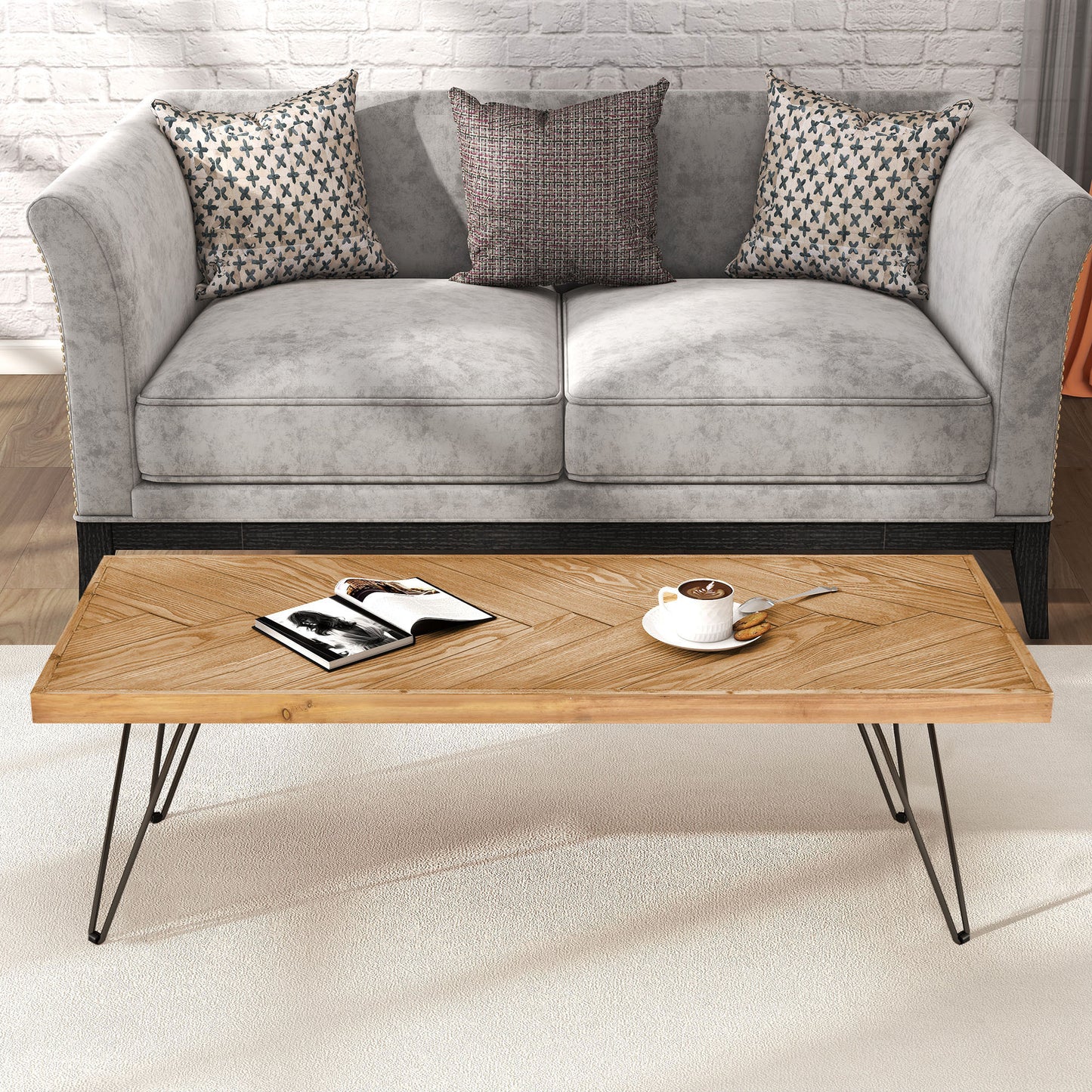 Modern Coffee Table with Chevron Pattern & Metal Hairpin Legs - Easy Assembly Tea/Cocktail Table for Living Room, Ash Wood Finish