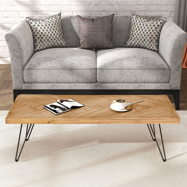 Modern Coffee Table with Chevron Pattern & Metal Hairpin Legs - Easy Assembly Tea/Cocktail Table for Living Room, Ash Wood Finish