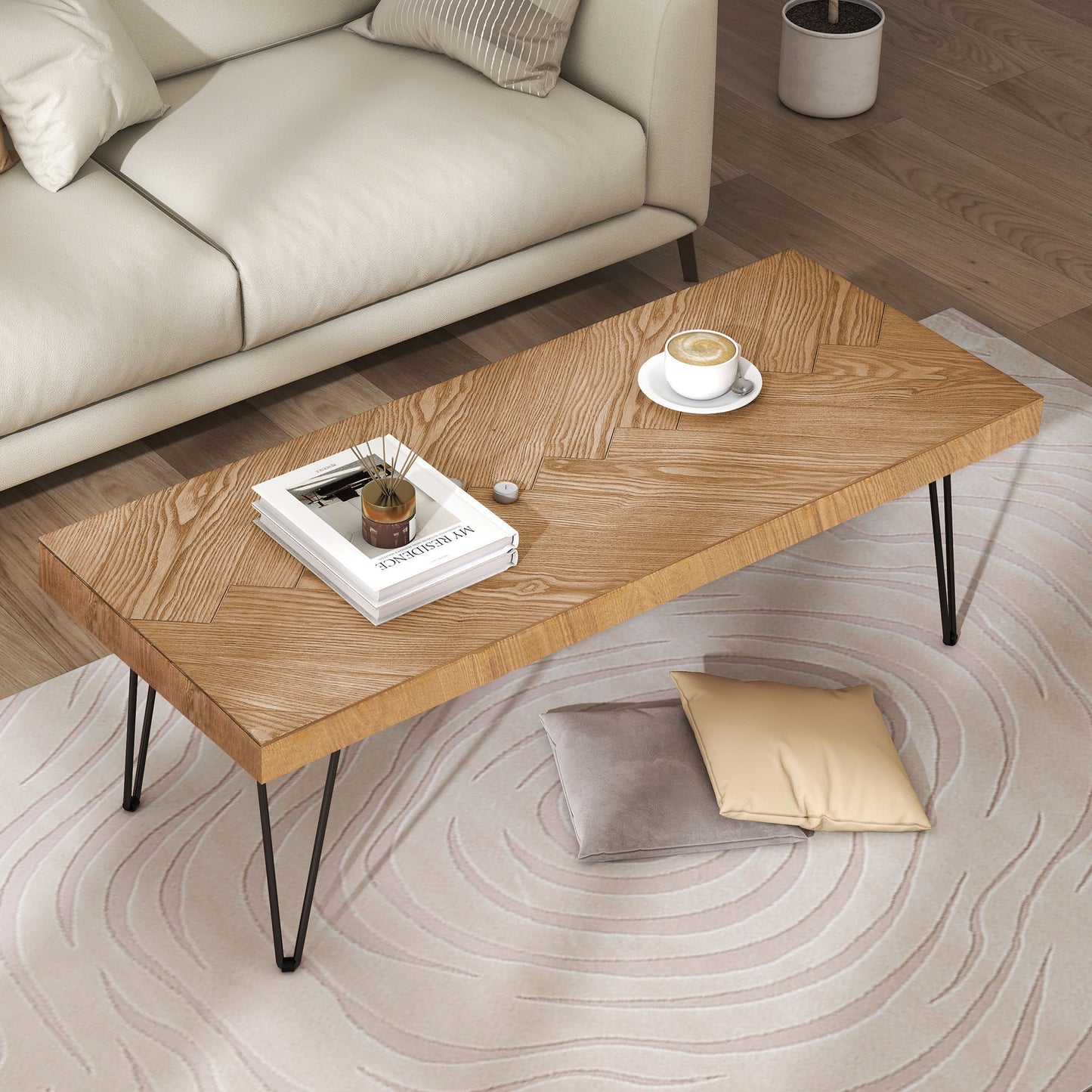 Modern Coffee Table with Chevron Pattern, Easy Assembly Tea Table, Thick Cocktail Table with Metal Hairpin Legs for Living Room