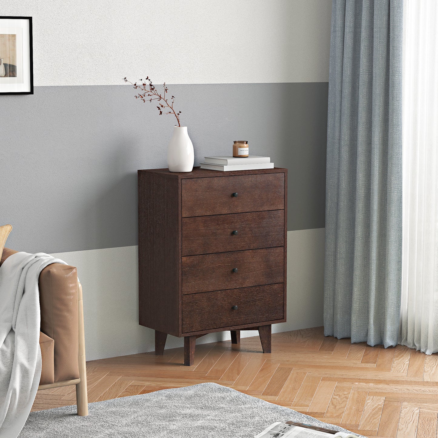 Solid Wood Spray-Painted Dresser Buffet Server Console Table with Retro Round Handles for Dining Room, Living Room & Kitchen, Auburn Finish