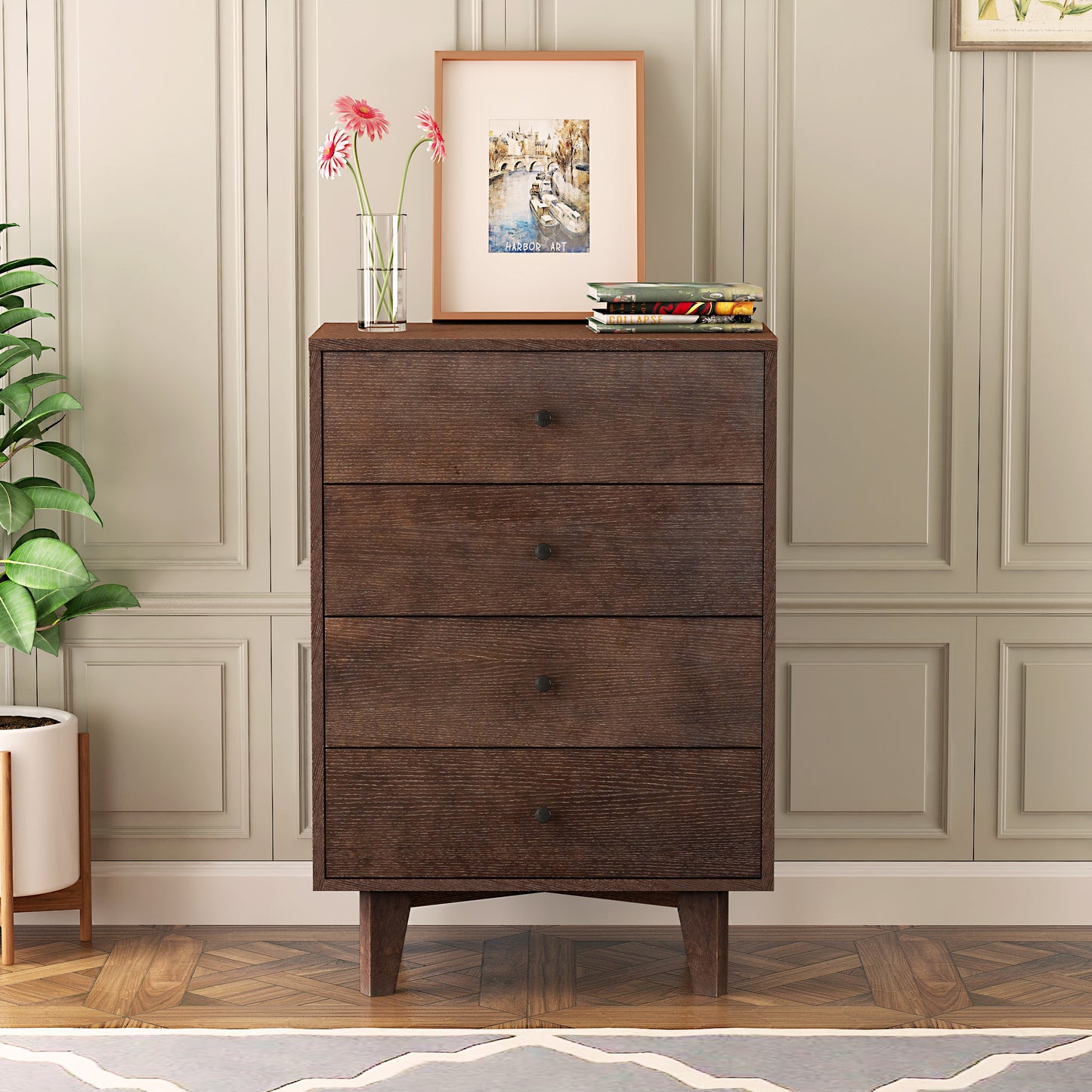 Solid Wood Spray-Painted Dresser Buffet Server Console Table with Retro Round Handles for Dining Room, Living Room & Kitchen, Auburn Finish