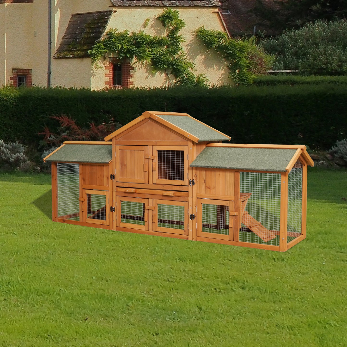 Extra Large 79.5 Bunny Cage with 2 Runs, Small Animal Habitat for Guinea Pigs & Hamsters, Removable Tray, Two-Tier Design, Waterproof Roof