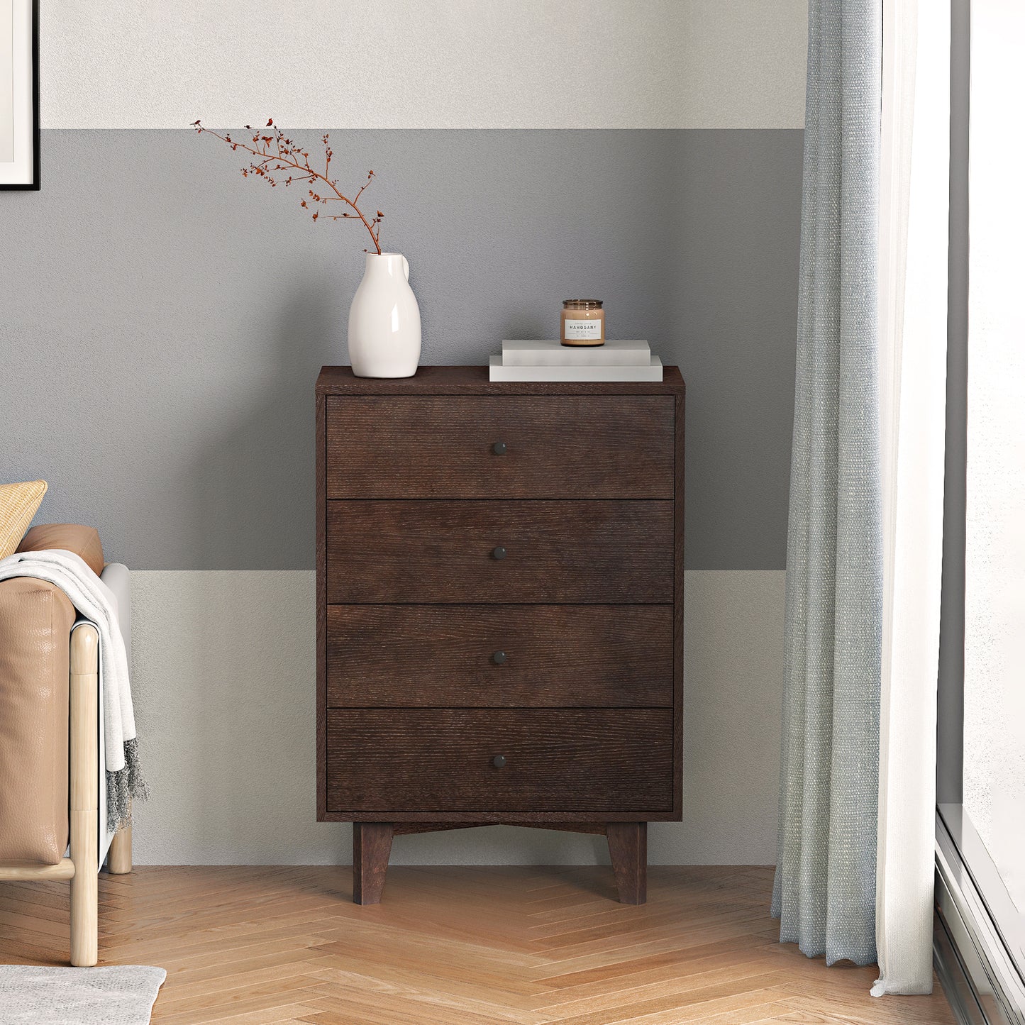 Solid Wood Spray-Painted Dresser Buffet Server Console Table with Retro Round Handles for Dining Room, Living Room & Kitchen, Auburn Finish