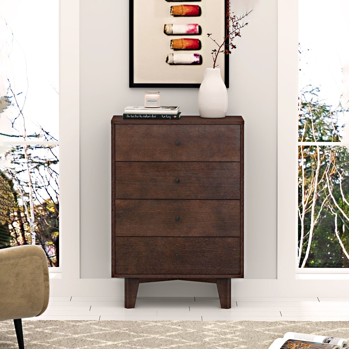 Solid Wood Spray-Painted Dresser Buffet Server Console Table with Retro Round Handles for Dining Room, Living Room & Kitchen, Auburn Finish