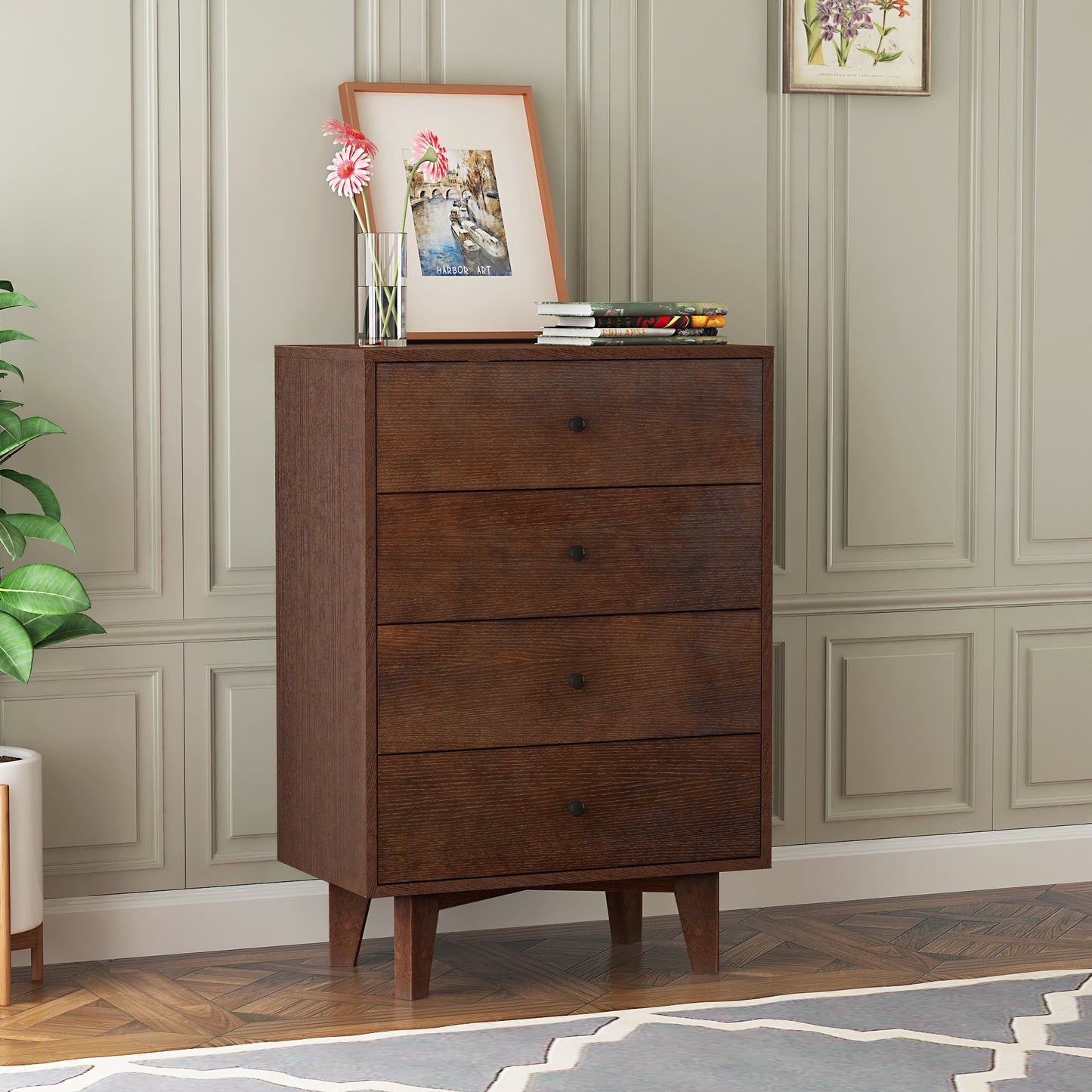 Solid Wood Spray-Painted Dresser Buffet Server Console Table with Retro Round Handles for Dining Room, Living Room & Kitchen, Auburn Finish