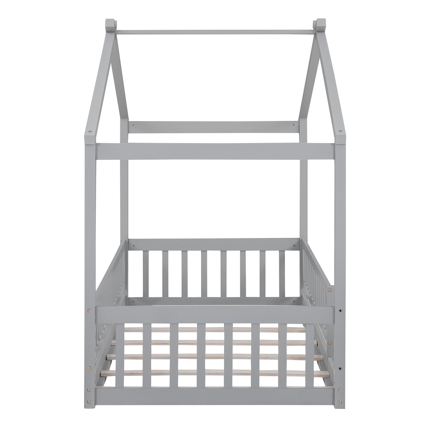 Twin Size Wood Bed House Bed Frame with Fence, for Kids, Teens, Girls, Boys, Gray