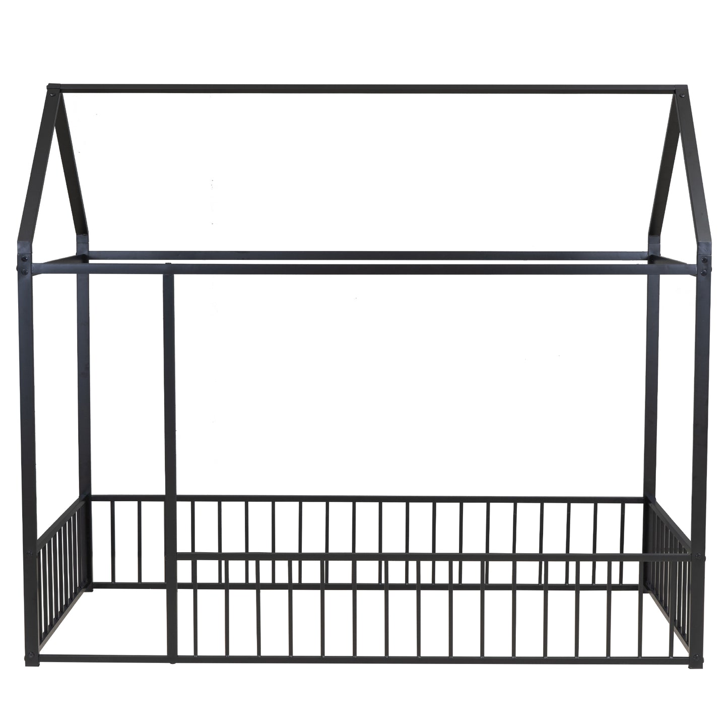 Twin Size Metal House Bed Frame with Fence, Perfect for Kids, Teens, Boys & Girls, Black Finish, Stylish and Durable Design