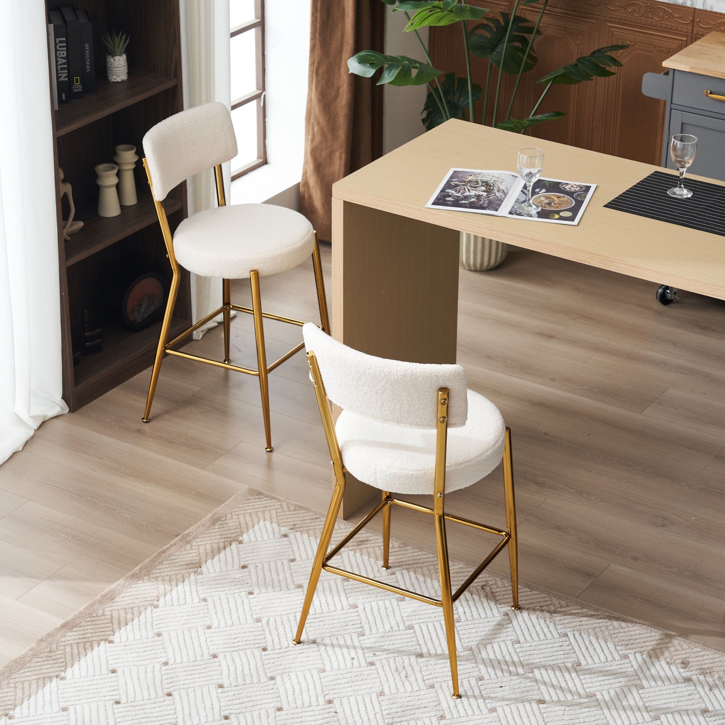 Set of 2 Modern Teddy Fabric Bar Stools with Metal Base - Beige Upholstered High Stools for Kitchen Dining Living Room