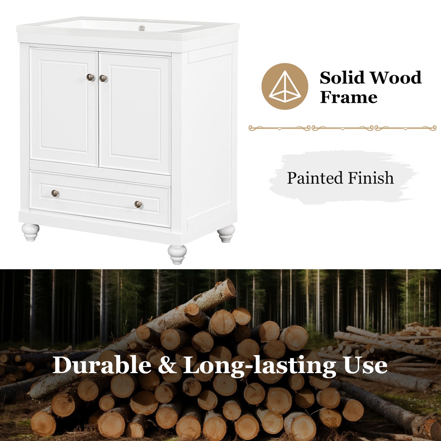 30 Bathroom Vanity Base Only, Cabinet with Doors & Drawer, Solid Frame & MDF Board, White Finish, Modern Storage Solution