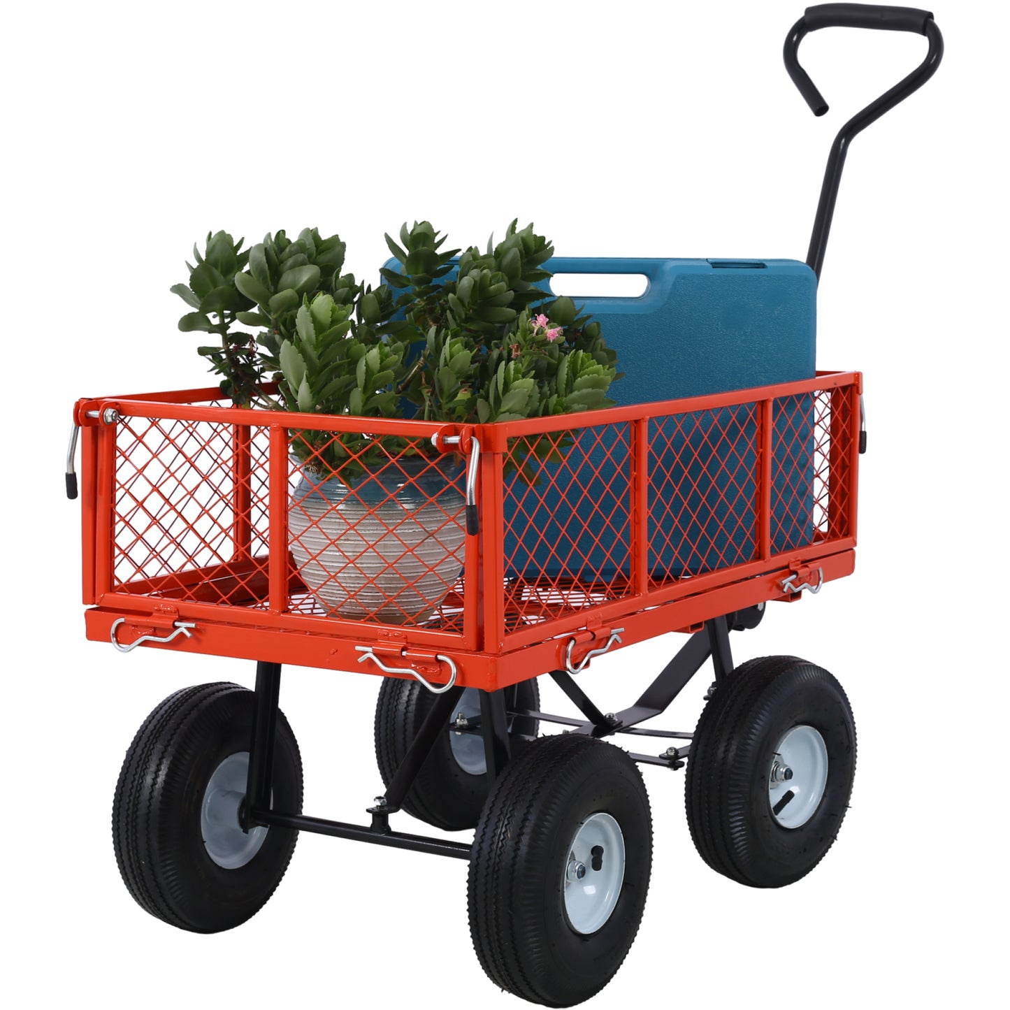 Steel Garden Cart with Removable Mesh Sides - 3 cu ft Capacity, 550 lb Load, Heavy Duty Red Utility Trolley