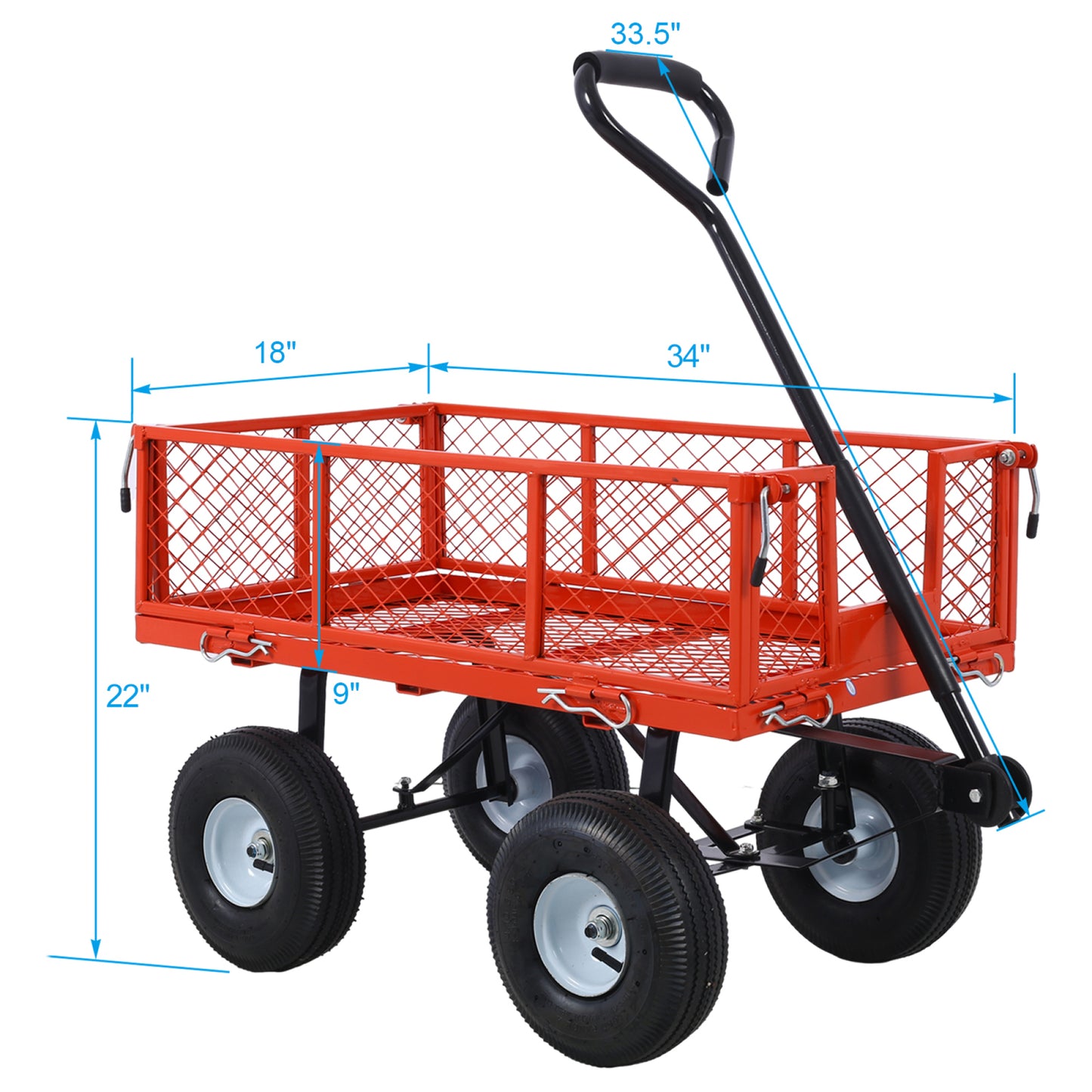 Steel Garden Cart with Removable Mesh Sides - 3 cu ft Capacity, 550 lb Load, Heavy Duty Red Utility Trolley