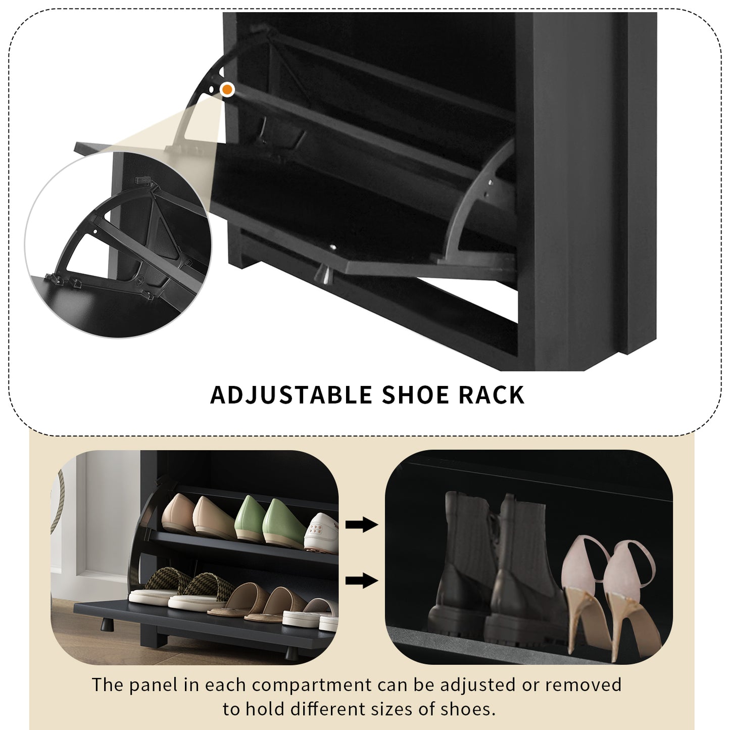 Stylish Entryway Shoe Cabinet with 2 Flip Drawers Adjustable Panel Black Wood Grain Finish