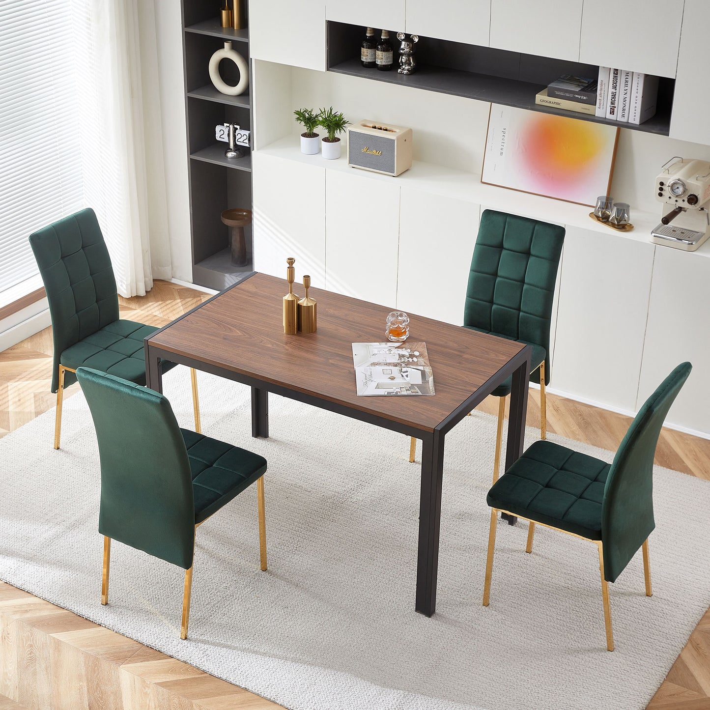 Green Velvet High Back Dining Chair Set of 4, Modern Fabric Chairs with Golden Legs, Nordic Style Home Furniture