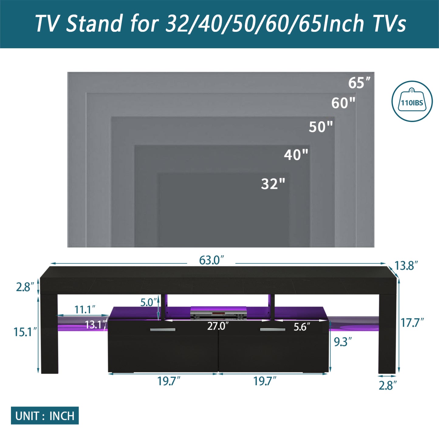 Fashionable Black TV Stand with LED Light Belt, Remote Control, Toughened Glass Shelf, Metal Handles - Ideal Entertainment Center