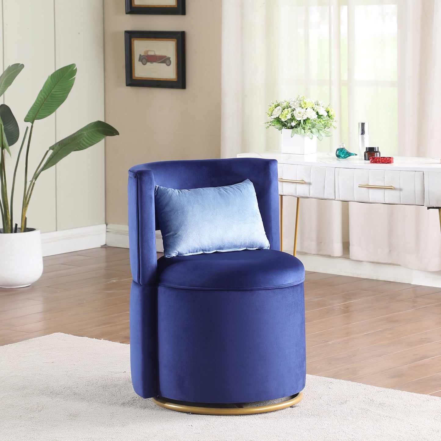 360 degree Swivel Accent Chair with Storage Velvet Curved Chair Gold Metal Base for Living Room Nursery Bedroom