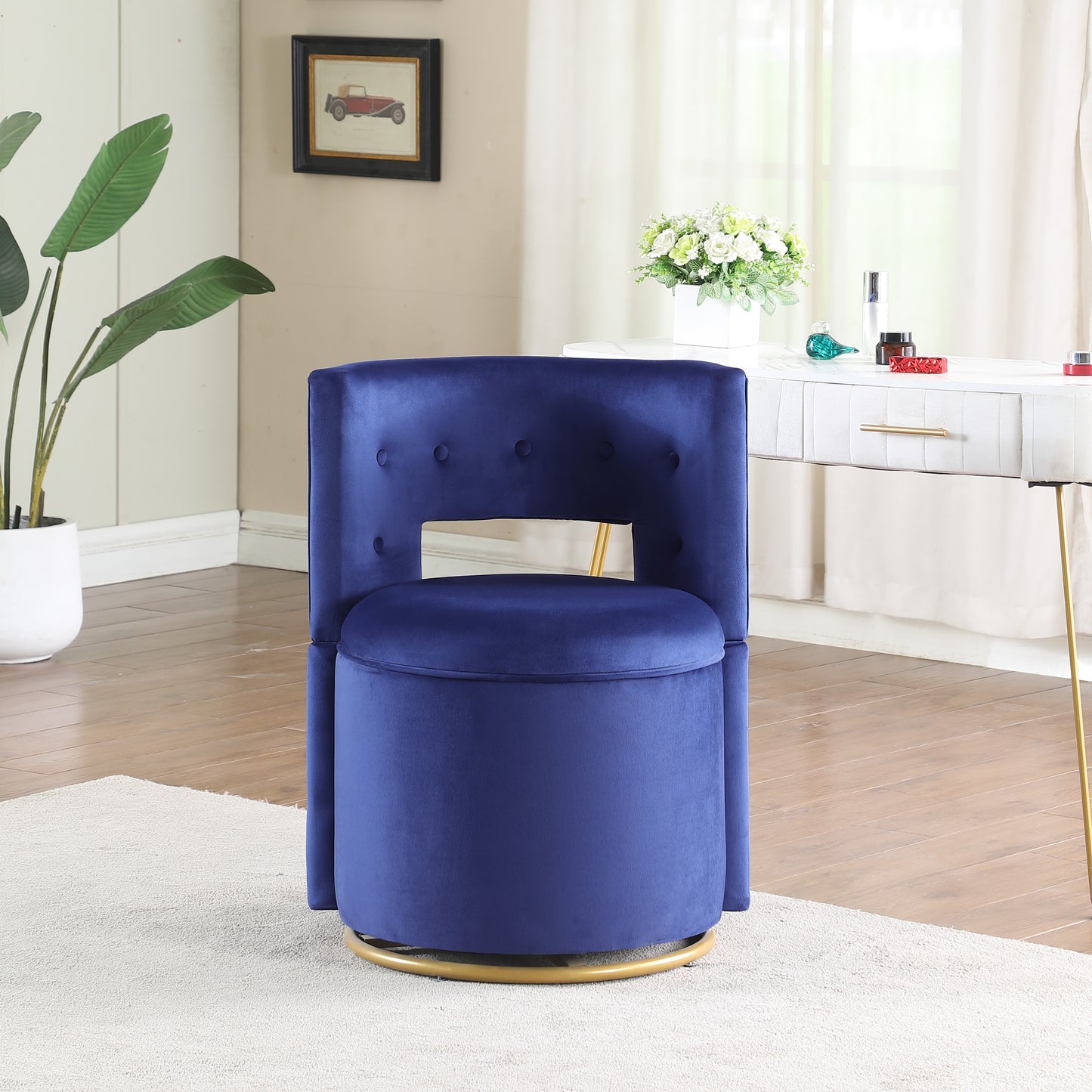 360 degree Swivel Accent Chair with Storage Velvet Curved Chair Gold Metal Base for Living Room Nursery Bedroom