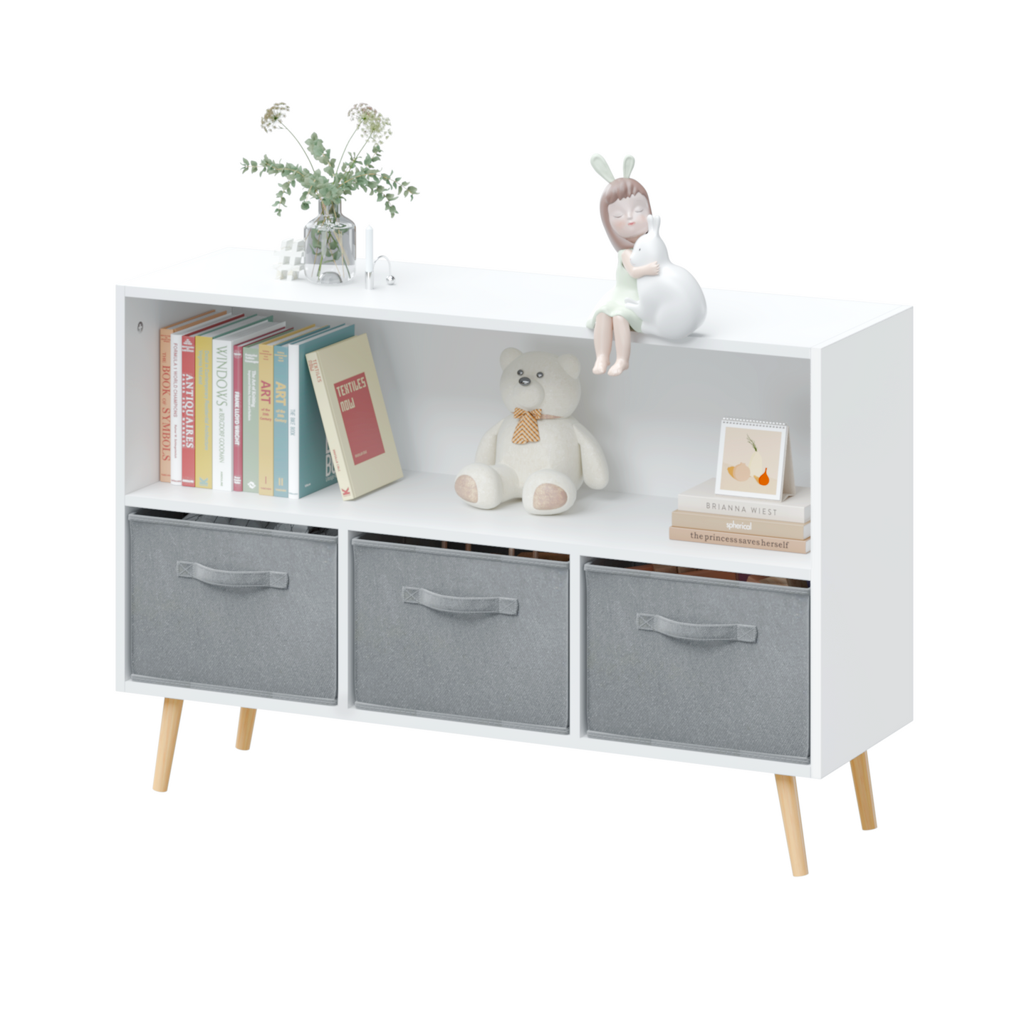 Kids Bookcase with Collapsible Fabric Drawers - Children's Book Display & Toy Storage Organizer, White/Gray, Stylish
