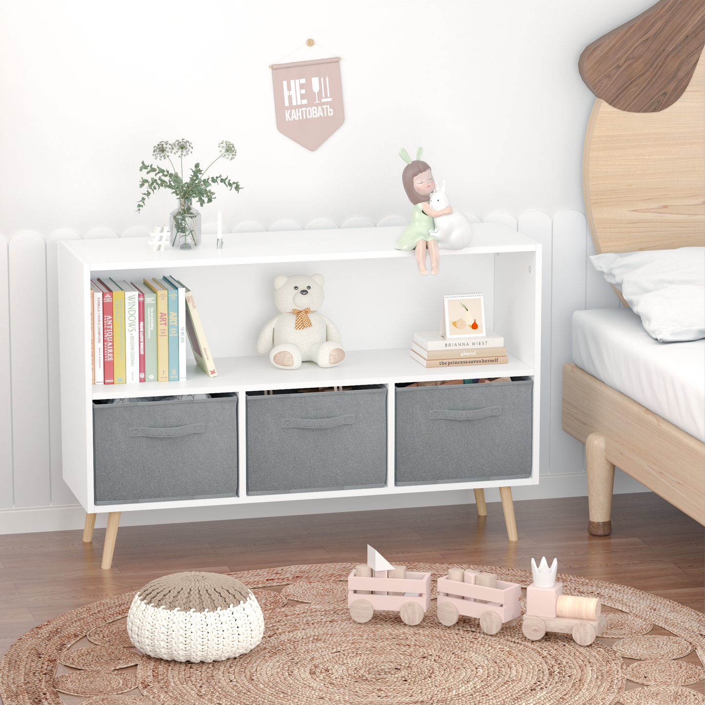 Kids Bookcase with Collapsible Fabric Drawers - Children's Book Display & Toy Storage Organizer, White/Gray, Stylish