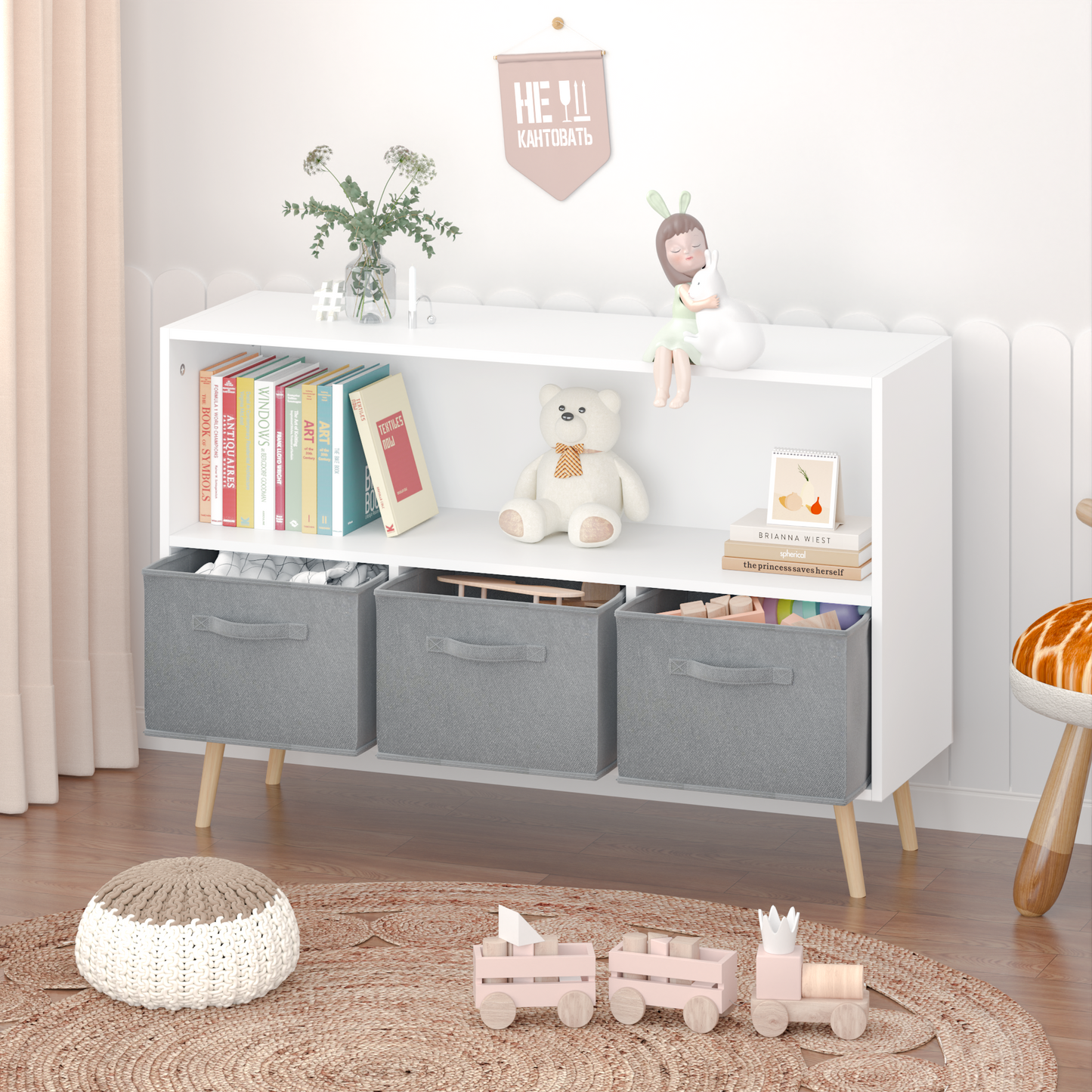 Kids Bookcase with Collapsible Fabric Drawers - Children's Book Display & Toy Storage Organizer, White/Gray, Stylish