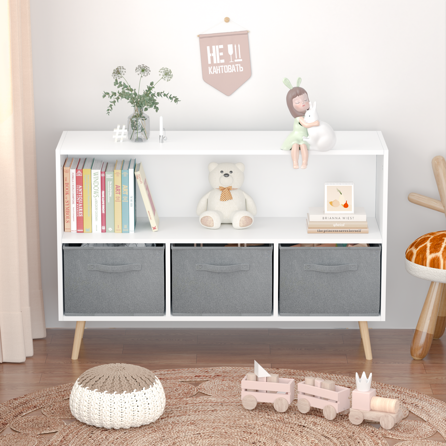 Kids Bookcase with Collapsible Fabric Drawers - Children's Book Display & Toy Storage Organizer, White/Gray, Stylish